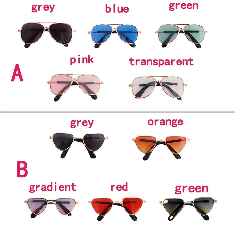 dog sunglasses for small dogs in grey, blue, green, pink, transparent, orange, red, and gradient lens styles