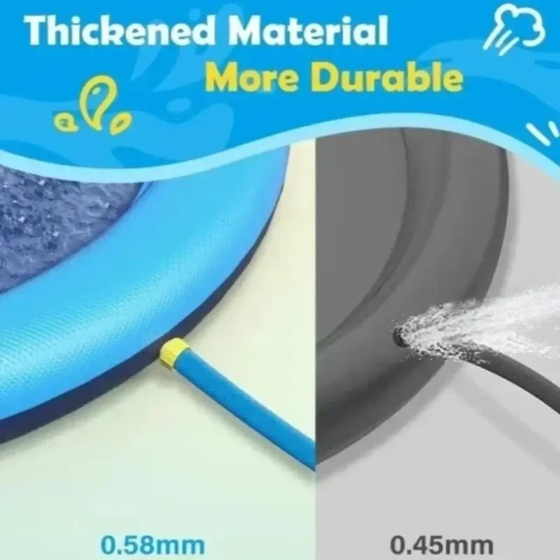 Thickened material comparison showcasing the durability of the inflatable dog pool outdoor splash pad.