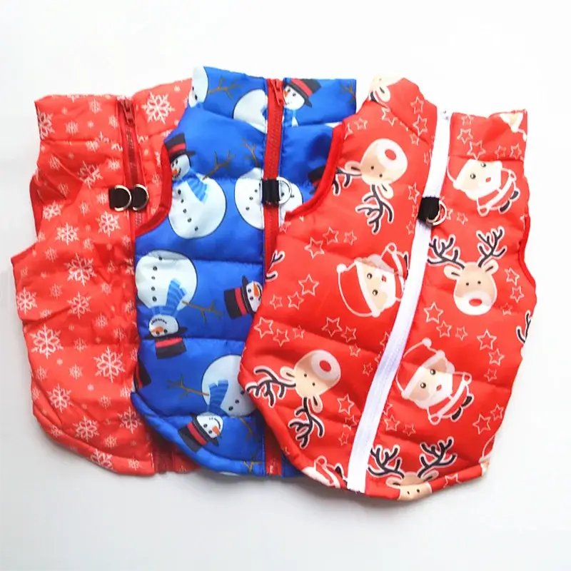 Windproof winter coat for dogs in festive designs, perfect for keeping pets warm during the cold season.