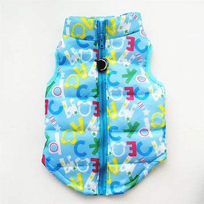Windproof winter coat for dogs in bright colors, suitable for pets, ideal for autumn and winter wear.