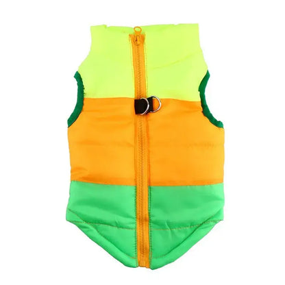 Brightly colored windproof winter coat for dogs in orange, green, and yellow, perfect for autumn and winter outings.