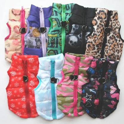 Various colorful windproof winter coats for dogs, featuring different patterns and designs, ideal for pets in autumn/winter.