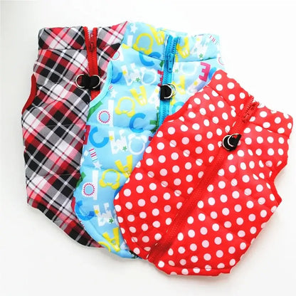 Three colorful windproof winter coat for dogs outfits in plaid, blue with letters, and red polka dots for pets.