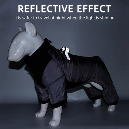 Dog Clothes Four Feet Clothing Warm Winter Coat Reflective Rainproof Dog Clothes Windproof Overall for Dogs Pet Cotton Clothes on model