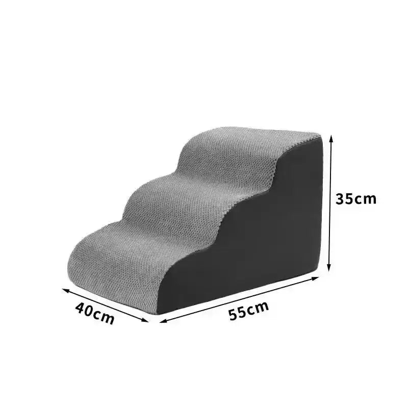 Washable memory foam dog stairs with three steps, featuring non-slip material and measuring 55cm x 40cm x 35cm.