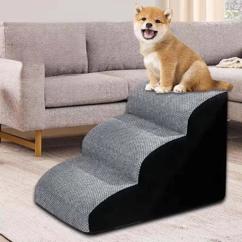 washable memory foam dog stairs with cute puppy on top beside a sofa