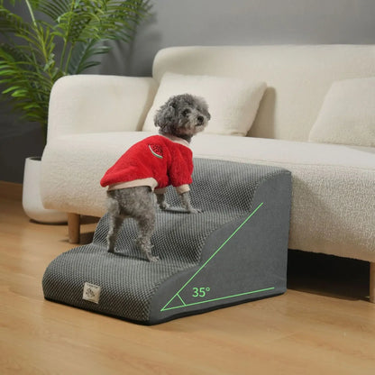 non slip dog stairs for small dogs with a dog climbing on them next to a sofa