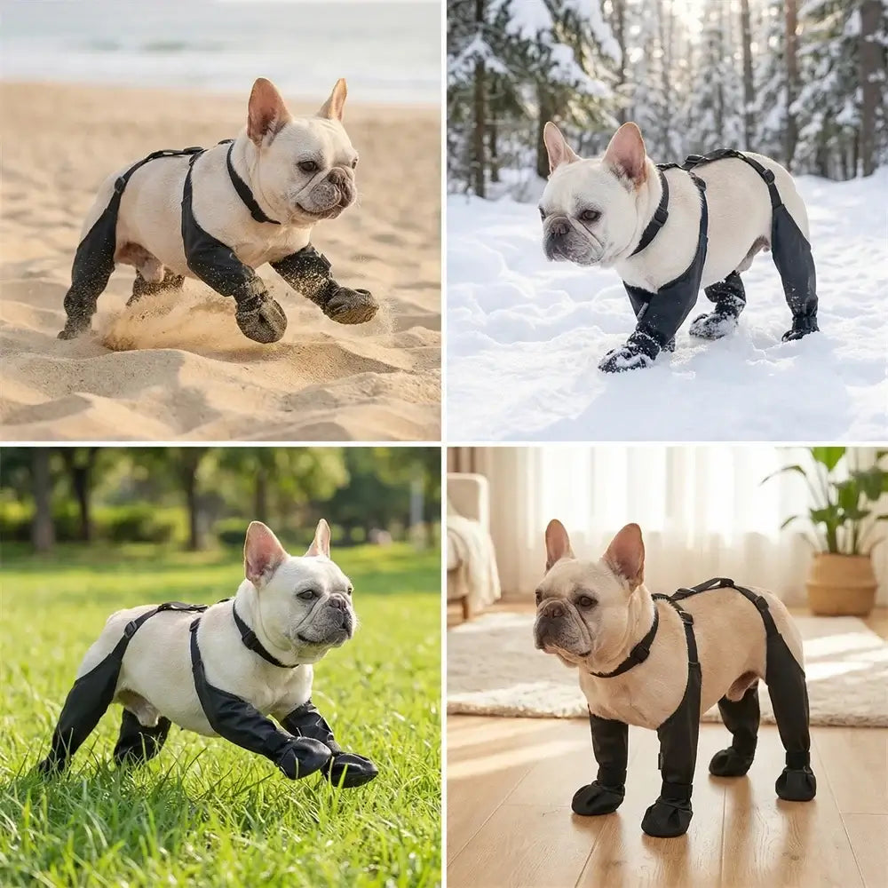 waterproof dog boots non-slip on French Bulldog in various outdoor settings.