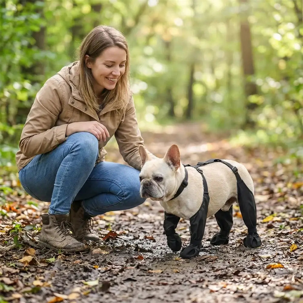 Woman with French Bulldog wearing waterproof dog boots non-slip in a forest during outdoor walk.