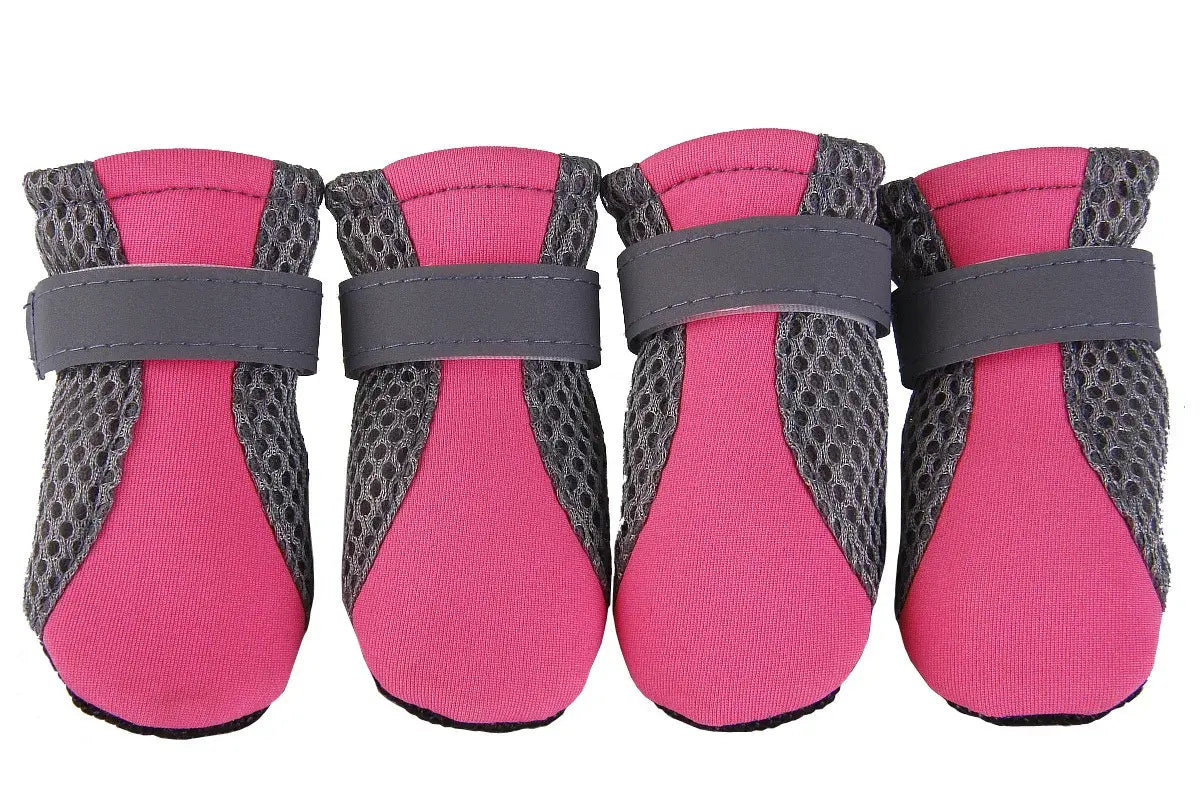 Pink and gray waterproof dog boots with anti-slip soles for puppies and small dogs, ideal for outdoor rain protection.
