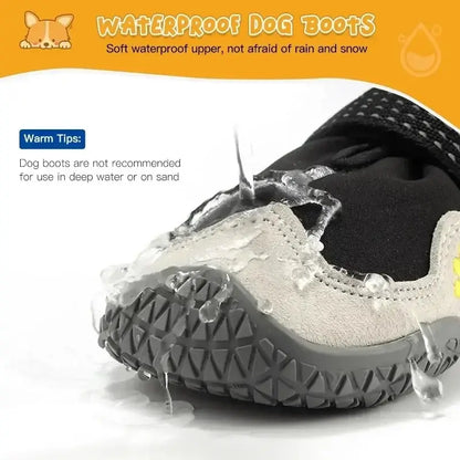 Waterproof outdoor dog boots showing water resistance, designed for rain and snow, perfect for pet protection.
