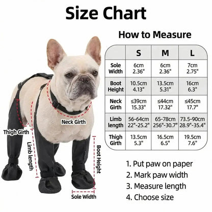 Size chart for waterproof dog boots non-slip, measuring guide for various breed sizes including French Bulldog.