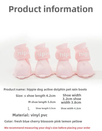 4 pink hippie dog active dolphin pet rain boots for small to medium dogs, made of vinyl pvc, waterproof dog boots.