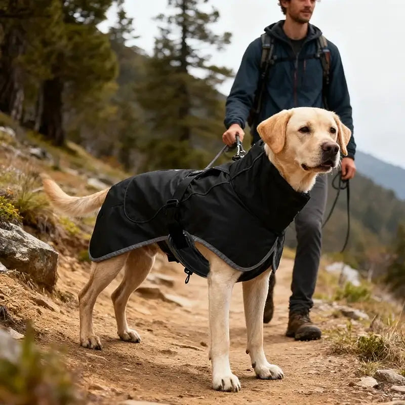 waterproof dog raincoat on Labrador hiking with owner on a mountain trail, black reflective outdoor jacket