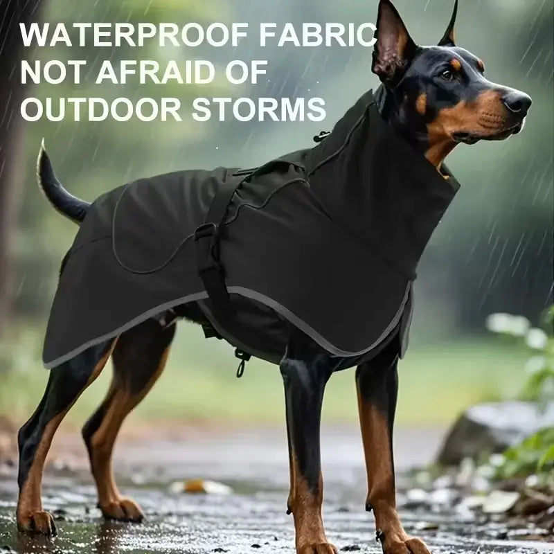 waterproof dog raincoat for outdoor storms, adjustable black dog jacket with reflective strip for all sizes