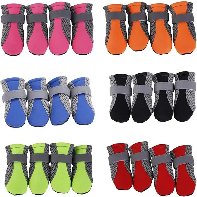 waterproof dog boots with anti-slip rubber soles, shown in multiple colors for puppies and small dogs