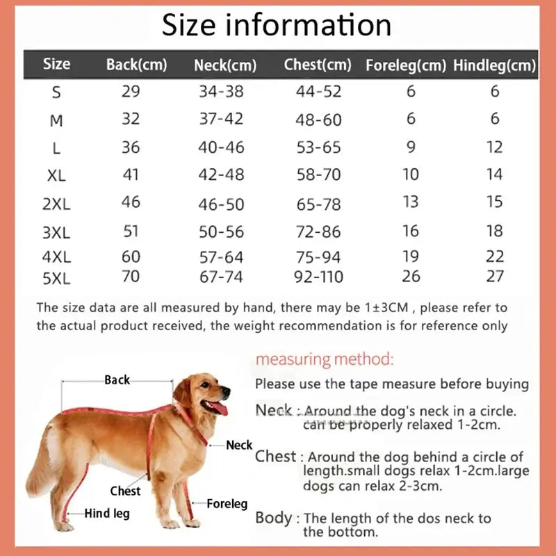 waterproof dog winter coat size chart for small to large dogs with back, neck, chest, foreleg, and hindleg measurements