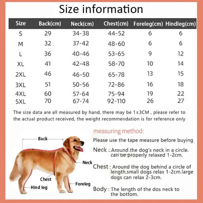 waterproof dog winter coat size chart for small to large dogs with back, neck, chest, foreleg, and hindleg measurements