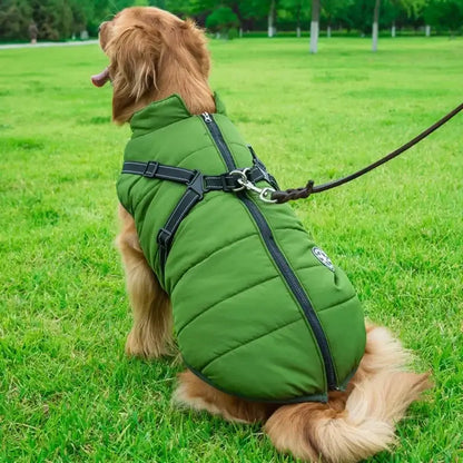 waterproof dog winter jacket with harness green padded dog coat for large dogs on leash