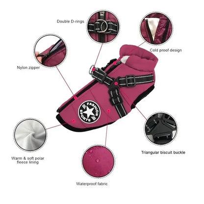 waterproof dog winter jacket with harness pink warm pet coat with double D-rings, fleece lining and zipper