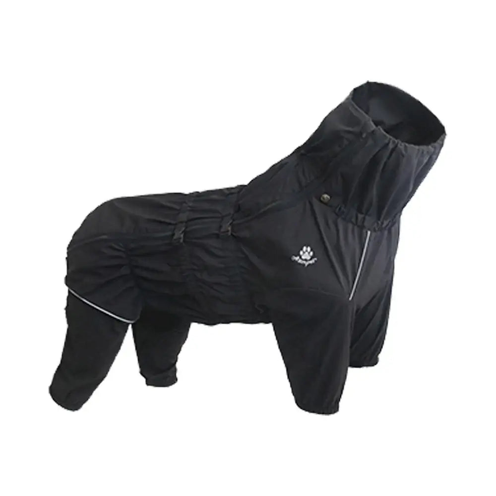Black waterproof dog winter coat jumpsuit with reflective trim, adjustable fit, and full-body winter rain protection for dogs
