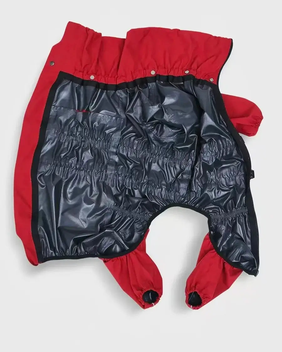 Red and black waterproof dog winter coat with reflective outdoor jumpsuit design for small to large dogs