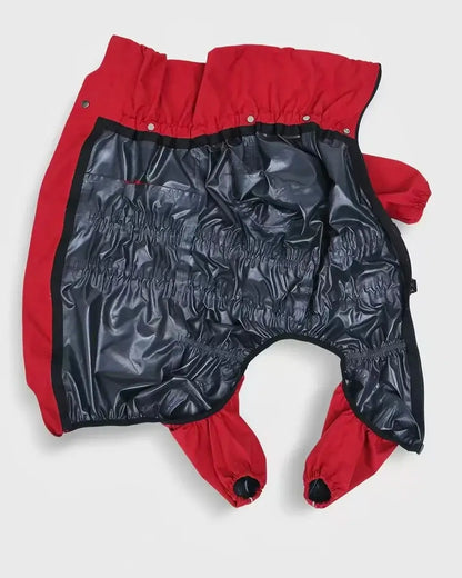 Red and black waterproof dog winter coat with reflective outdoor jumpsuit design for small to large dogs