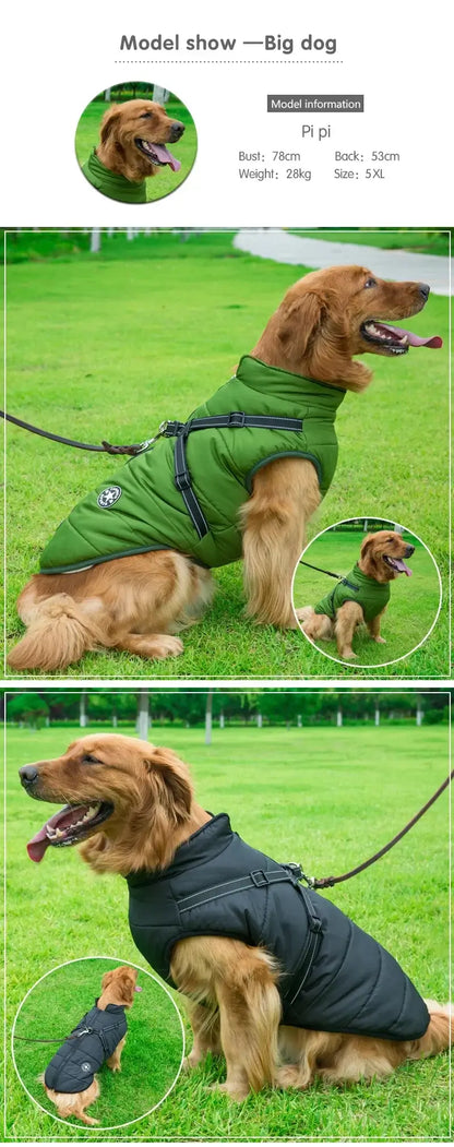 waterproof dog winter jacket with harness for large dogs, green and black warm waterproof pet coat for outdoor use
