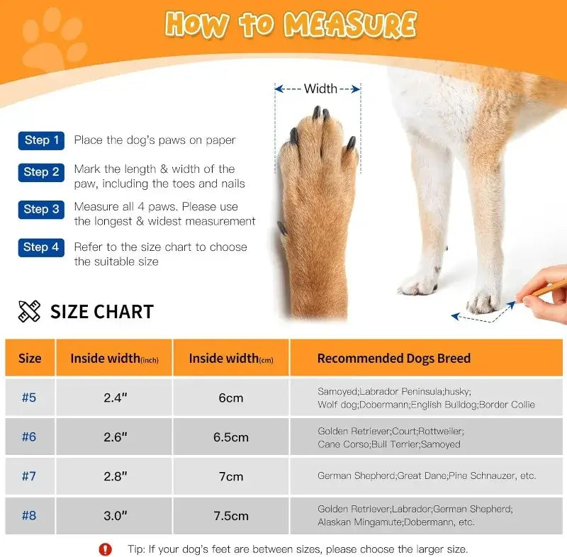 How to measure dog paws with size chart for waterproof outdoor dog boots, including recommended dog breeds.