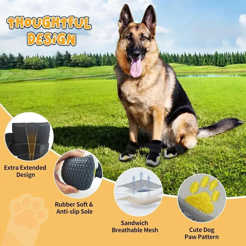 Waterproof outdoor dog boots with anti-slip soles, breathable mesh, and extended design for extra comfort.
