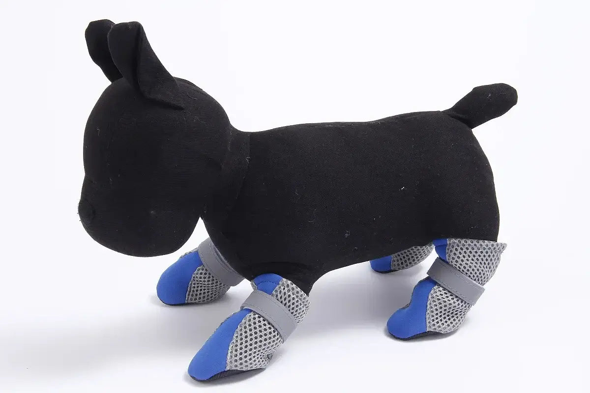 Black dog wearing waterproof dog boots with anti-slip blue and gray soles for outdoor protection