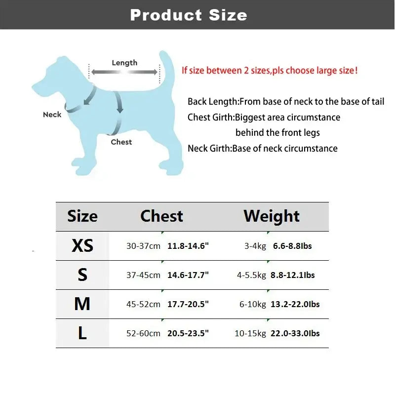 Waterproof puppy harness size chart for small to large dogs with chest and weight measurements
