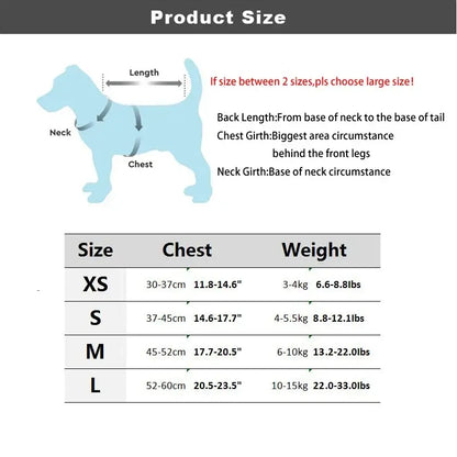 Waterproof puppy harness size chart for small to large dogs with chest and weight measurements