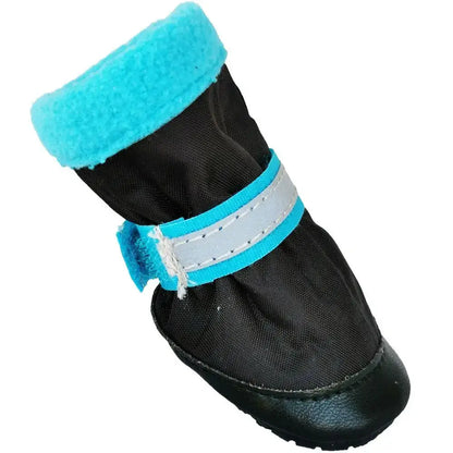 winter dog boots for small dogs in black and blue with reflective strap and warm lining