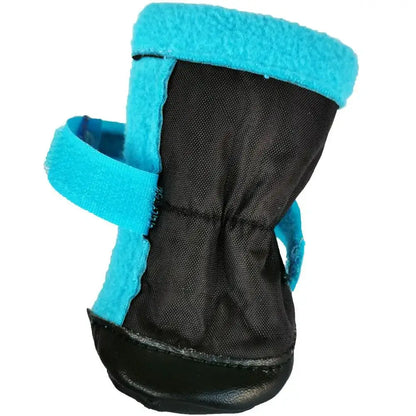 winter dog boots for small dogs in blue and black, featuring a warm fleece lining and adjustable strap.