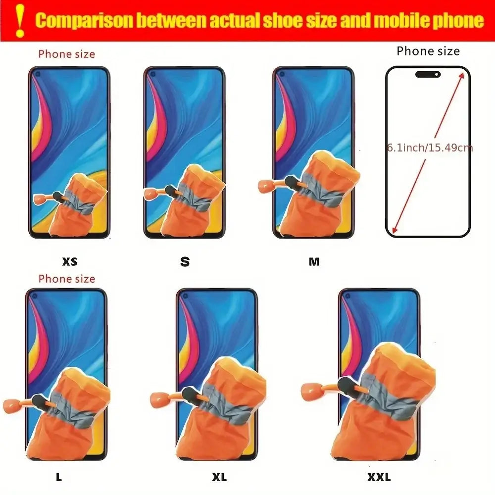 comparison chart of waterproof dog boots sizes XS to XXL beside a 6.1-inch phone