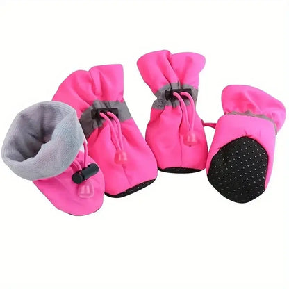 Pink waterproof dog boots with soft PU bottom, drawstring closure, for small dogs and cats, outdoor rain protection