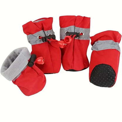Red waterproof dog boots with soft PU bottoms and reflective straps for Chihuahua and small pets, outdoor rain shoes