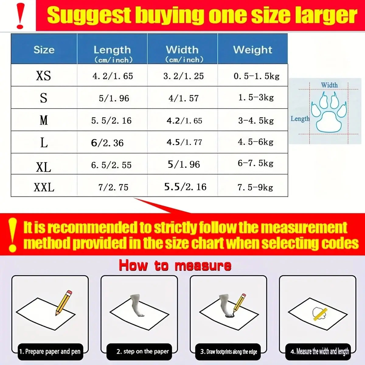 waterproof dog boots size chart with paw measurements and fitting guide for pet shoes
