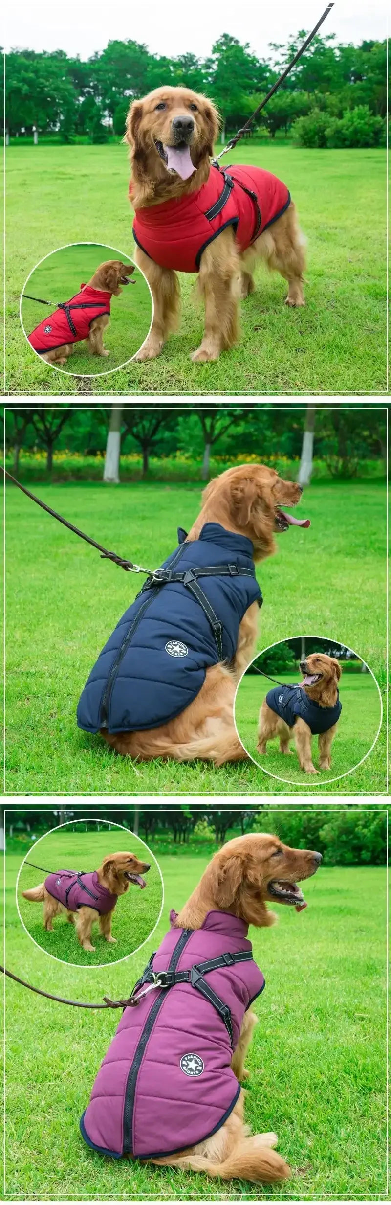 waterproof dog winter jacket with harness for large dogs, warm red, navy, and purple winter coats for Labrador and French Bulldog