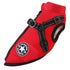 Waterproof dog jacket with harness in red color for winter, featuring a stylish design and built-in harness for easy wear.