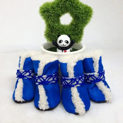 Blue waterproof winter dog shoes, 4-piece set, thickened anti-slip rain snow boots for pets, color A