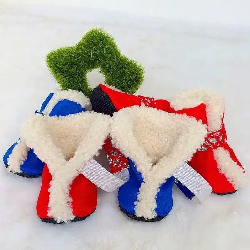 waterproof winter dog shoes for pets, anti-slip fleece-lined 4-piece snow boots in red and blue