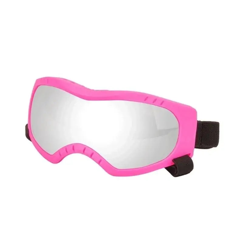Pink and silver dog sunglasses with windproof protective lenses, adjustable strap, for outdoor sports and eye protection