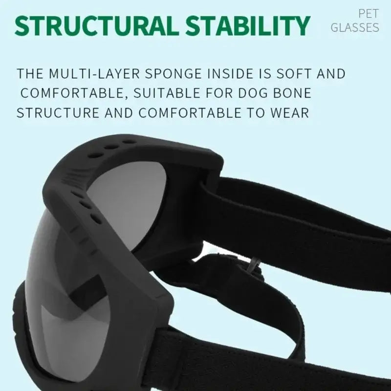dog sunglasses with adjustable strap and soft sponge padding for windproof outdoor eye protection