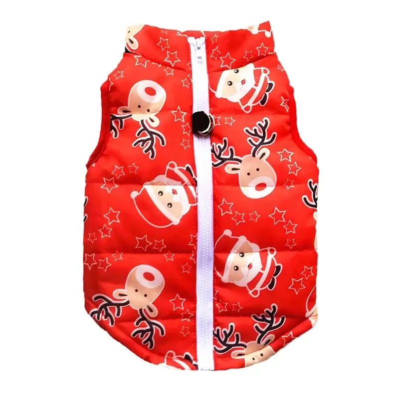 Windproof winter coat for dogs with festive red pattern featuring reindeer and Santa, perfect for holiday season.