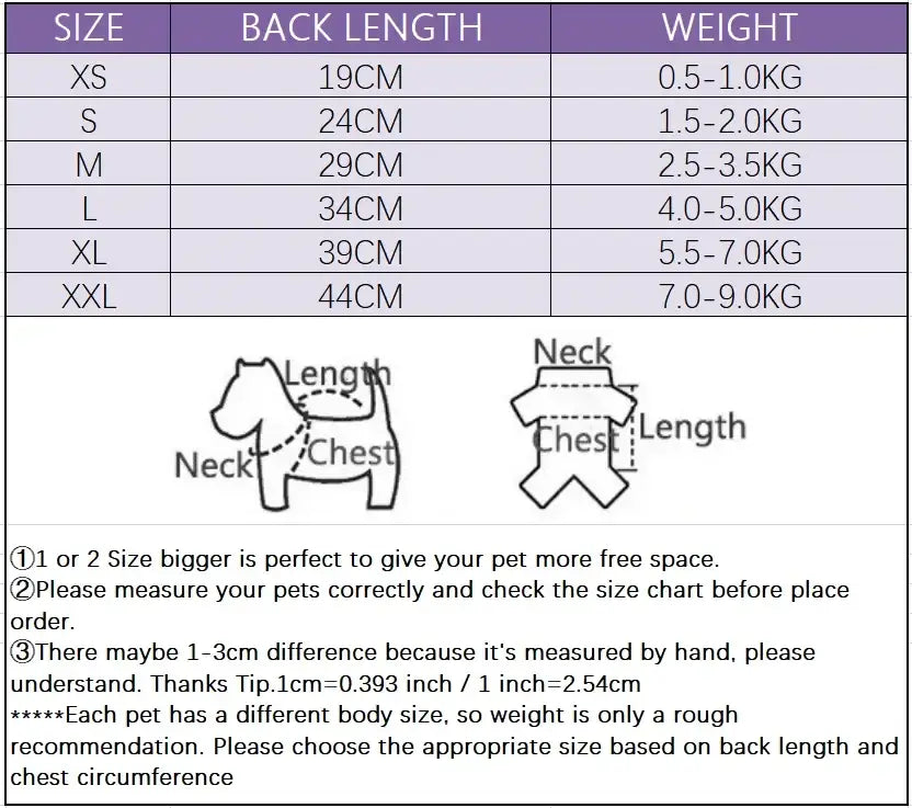 winter dog coat for small dogs size chart for XS to XXL back length and weight guide