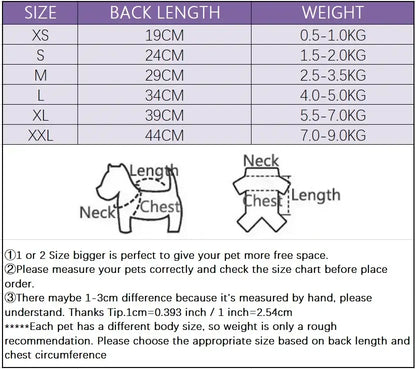 winter dog coat for small dogs size chart for XS to XXL back length and weight guide