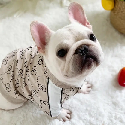 French bulldog wearing a warm dog winter jacket with stylish print for cozy winter pet fashion