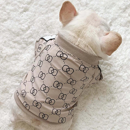 warm dog winter jacket for small dogs, beige patterned winter pet coat with cozy ribbed trim